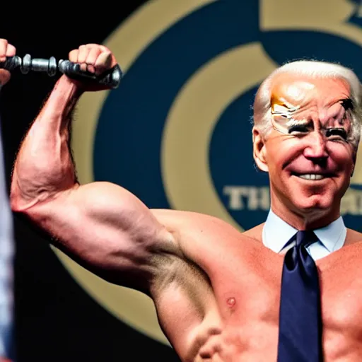 Image similar to joe biden being a bodybuilder doing weights, in the gym