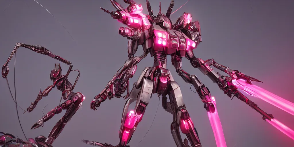 Prompt: a metal insect - like of female gundams like spider is in pink and red collection by merriam, daniel, intricate mechanical details, futuristic, 2 k aesthetic, dramatic lighting, 4 k, 3 d octane render, provenance, detailed, trending on artstation