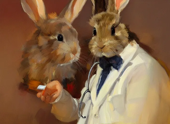 Image similar to a highly detailed beautiful portrait of a bunny wearing a doctor costume, by gregory manchess, james gurney, james jean