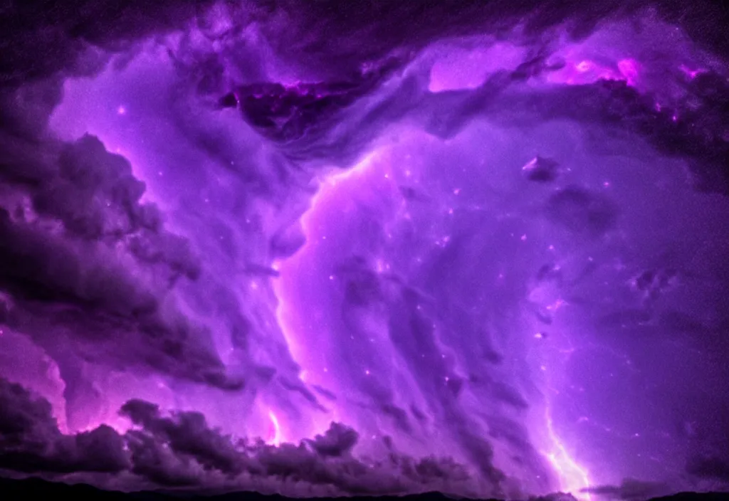 Image similar to purple color lighting storm tornado trippy nebula sky