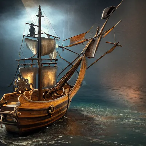 Image similar to a bath tub with a pirate ship battle in, highly detailed, cinematic lighting, render, fantasy