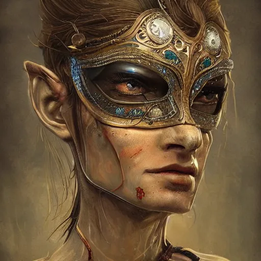 Prompt: Very very very very highly detailed epic photo of beautiful face with carnival mask, intricate, dystopian, sci-fi, extremely detailed, digital painting, artstation, concept art, smooth, sharp focus, illustration, intimidating lighting, incredible art by Anton Pieck