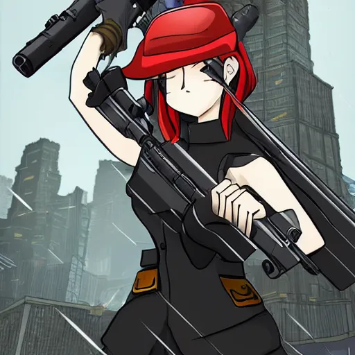 Image similar to woman standing holding large gun in cityscape, flooding, manga style, rwby, shonin jump, black and white, line art