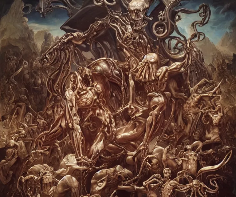 Prompt: elegant renaissance painting of biomechanical warhammer final boss bodybuilder vecna battle, art by alex ross and peter mohrbacher, epic biblical depiction, flesh and bones, fangs, teths and tentacles, corpses and shadows!