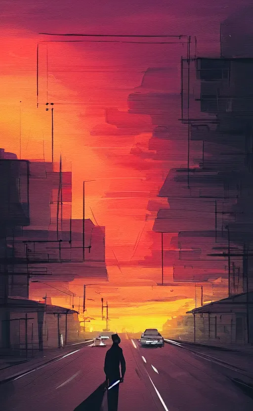 Prompt: a beautiful illustration of a car parket near a highway at sunset, silhouette of a man smoking a cigarette, art of alena aenami, featured on artstation, vertical orientation, paint brush strokes, expressionism, brushstroke - laden