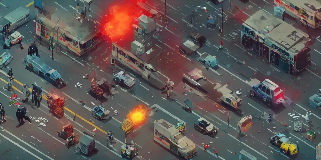 Image similar to 1991 Isometric Video Game Screenshot, Anime Neo-tokyo Cyborg bank robbers vs police shootout, bags of money, Police officer hit, Bullet Holes and Blood Splatter, Hostages, Smoke Grenade, Cyberpunk, Anime VFX, Violent, Action, Fire fight, FLCL, Free-fire, Highly Detailed, 8k :4 by Katsuhiro Otomo + Studio Gainax + Arc System Works : 8