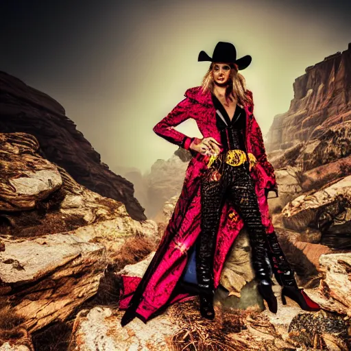 Image similar to photo, an ironic maximalist gaudy photoshoot featuring overly bright contrasting color bold print insane costumes inside a rocky western landscape, atmospheric lighting and haze, backlit, moody