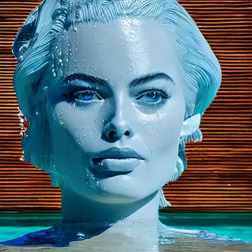 Image similar to a water sculpture in the shape of a margot robbie, on the ocean water, cinematic, in the style of johnson tsang, long shot, hyper detailed, hyper realistic, ray tracing, 8 k resolution, sharp focus, realistic water, award winning