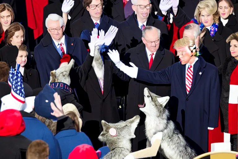 Image similar to photo of the usa presidential inauguration, a wolf fursuiter being inaugurated as president