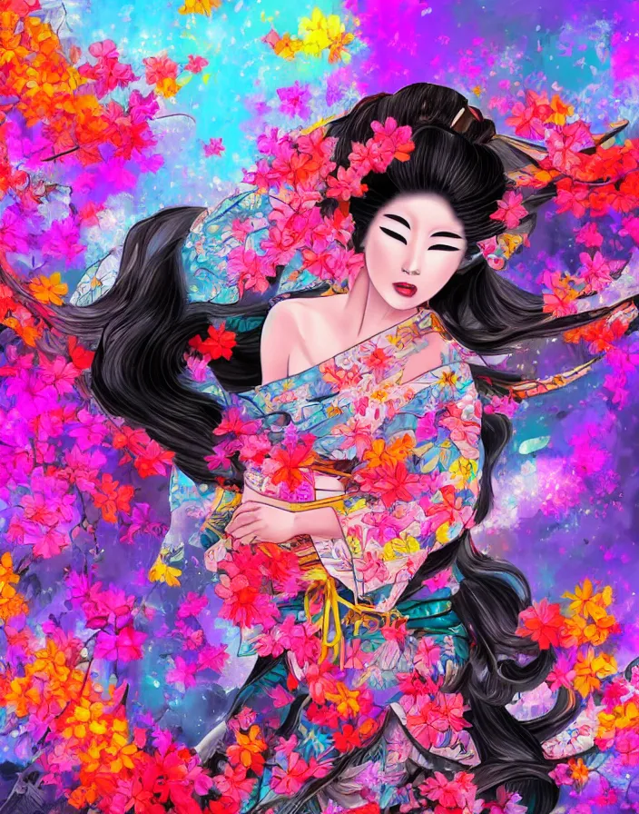 Image similar to semi semi realistic digital painting!! beautiful geisha flying over a colorful city, dramatic, xray melting colors!!