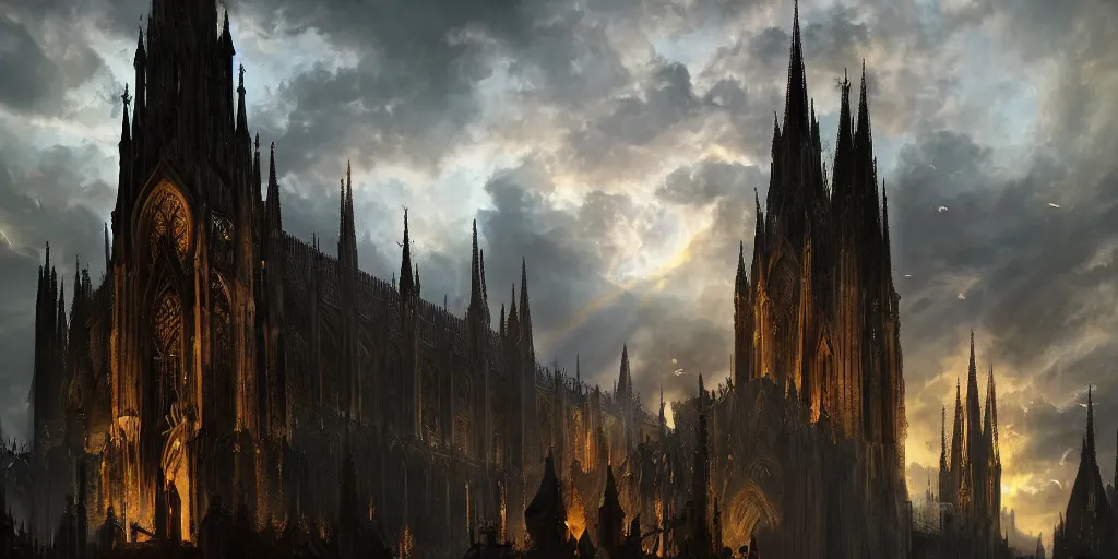 Prompt: beautiful huge dark gothic cathedral, gorgeous clouds, god rays, digital art, landscape, fantasy art, octane render, ureal engine, high detail, very realistic, by greg rutkowski. by james gurney