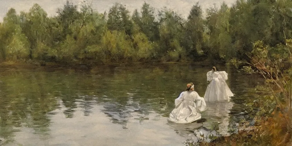 Prompt: a woman wearing a white dress in a row boat on a calm lake with a forest in the background, in the style of anders zorn