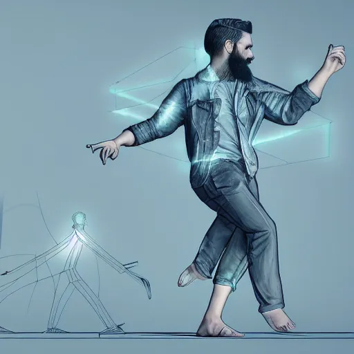 Image similar to A very detailed digital art rendering and concept design of a beautiful bearded young ethereal man beautifully positioned and dancing in volumetric lighting, three dimensions, a digitally transformed environment, user interface design, 3D modeling, illustration, and transportation design