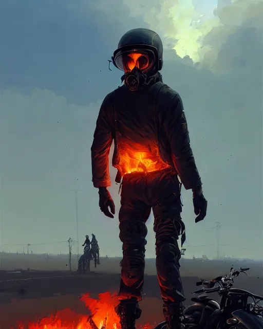 Prompt: a ultradetailed beautiful panting of post apocalyptic biker with helmet in front of crashed airplane burning, by ilya kuvshinov, greg rutkowski and makoto shinkai, trending on artstation