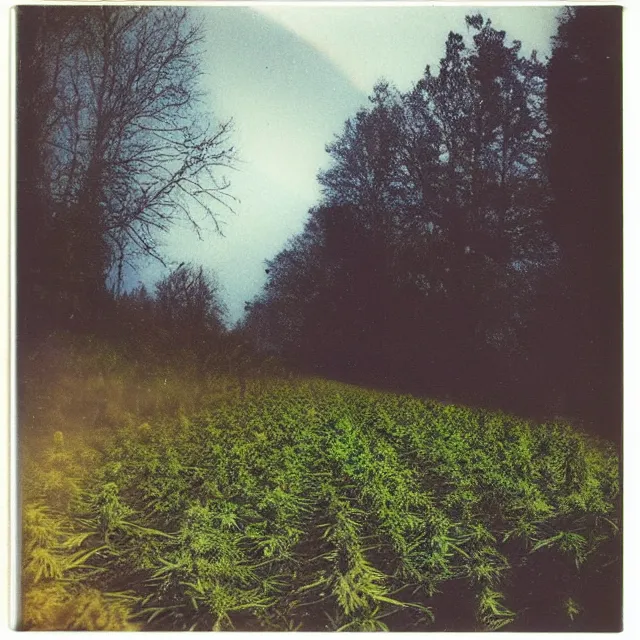 Prompt: very beautiful polaroid photo of a cannabis field by a stream on a clear day with a rainbow