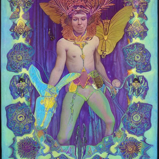 Image similar to bioluminescent prince, by annie swynnerton and leo and diane dillon and adolf wolfli and ( diego rivera ), elaborate costume, flowers, iridescent beetles, rich color, dramatic cinematic lighting, smooth, sharp focus, extremely detailed