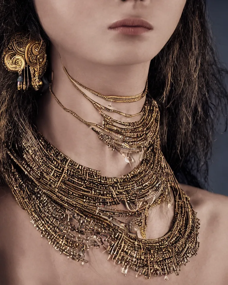 Prompt: super realistic portrait, skin detailed, of a beautiful model with a big tribal necklace in the neck, detail photo, minimal design, made of gold, canon, film camera, photography, digital art, balenciaga