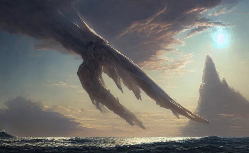 Image similar to concept art, anunnaki god enki floting over the ocean by james gurney, greg rutkowski, and john howe, background of the sky at dusk, artstation