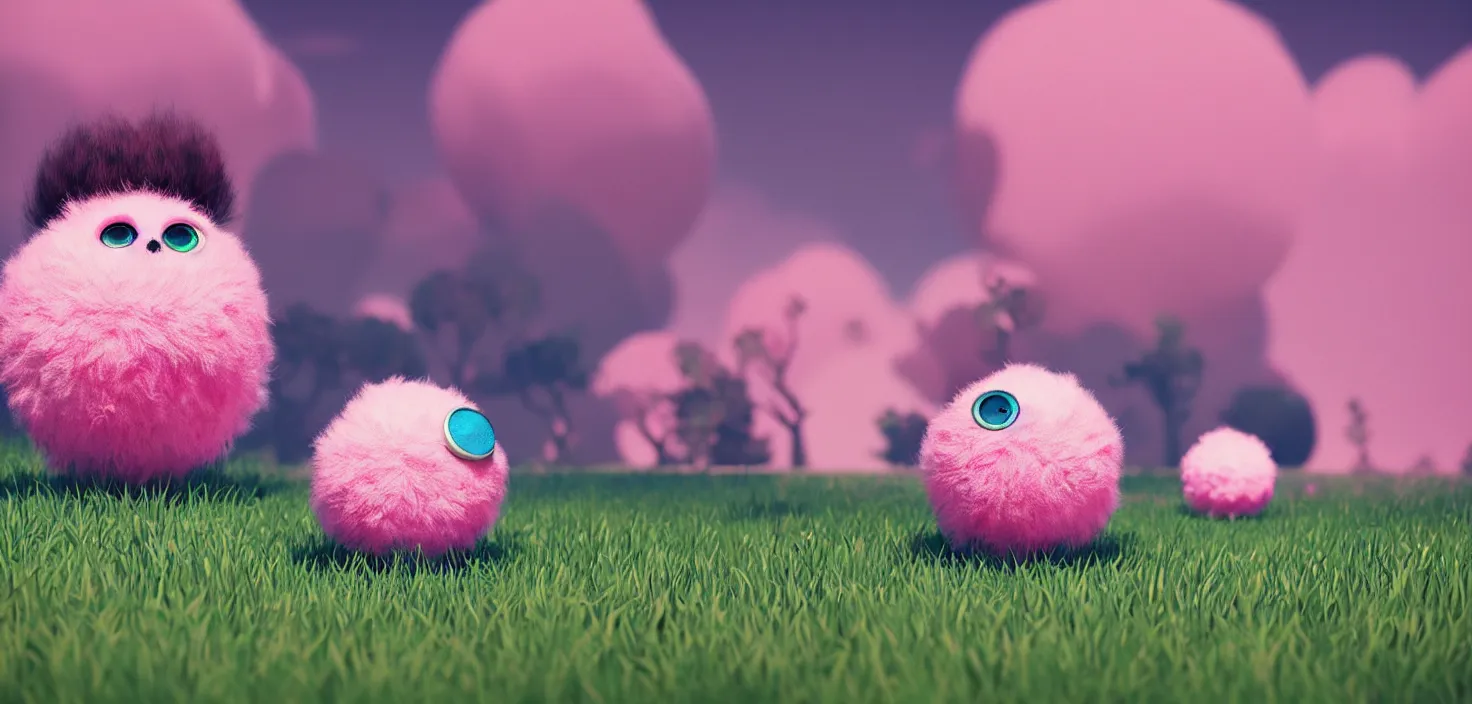 Prompt: colourful fluffy pink fluffy ball with huge beauty eyes appearing from the grass, in the style of craola, shallow depth of field, highly detailed, digital painting, trending artstation, concept art, illustration, cinematic lighting, vibrant colors, photorealism, epic, octane render
