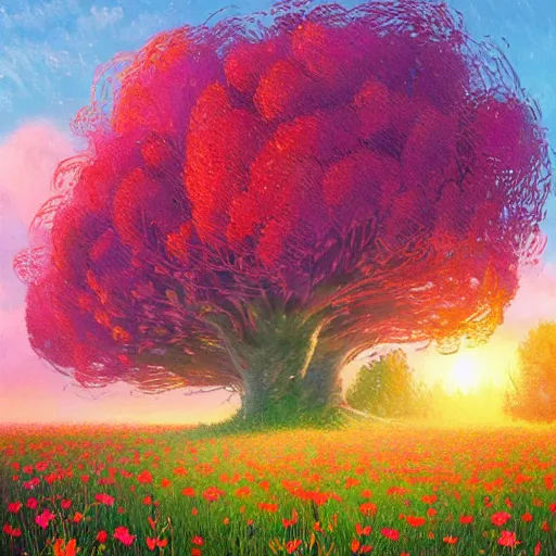 Image similar to face made of flowers, standing in a flower field, big trees, sunrise dramatic light, impressionist painting, colorful clouds, digital painting, pointillism, artstation, simon stalenhag