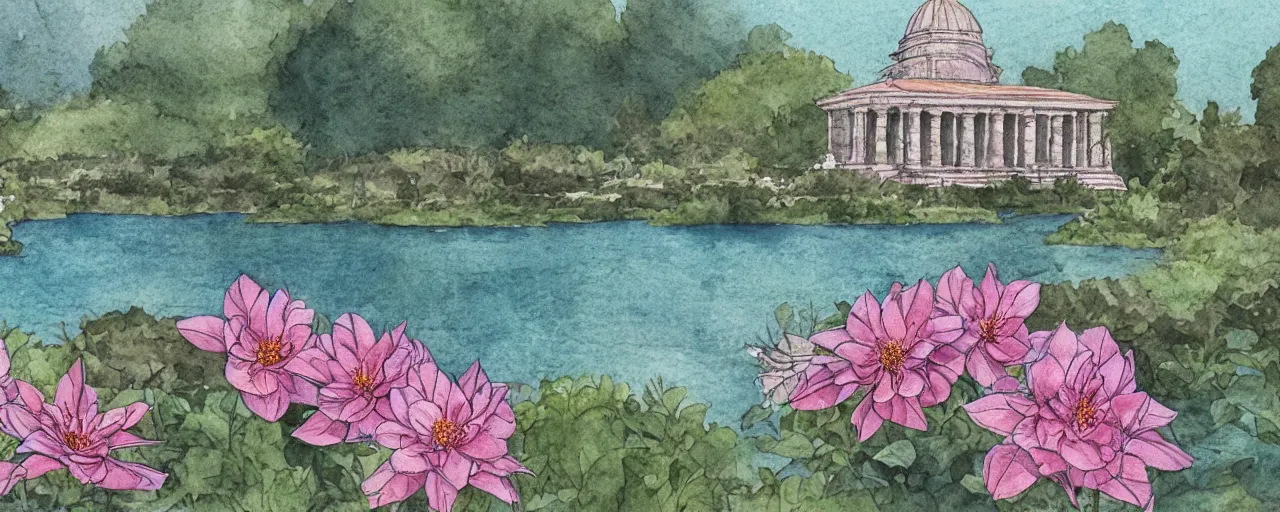 Image similar to isomeric view, delicate lake in a botanic garden, garden road, sparrows, temple in a botanical herbarium paper, watercolor colored painting, iridescent colors, 8 k, realistic shaded, fine details, artstation, italian style, colonnade, flowers, huge architecture