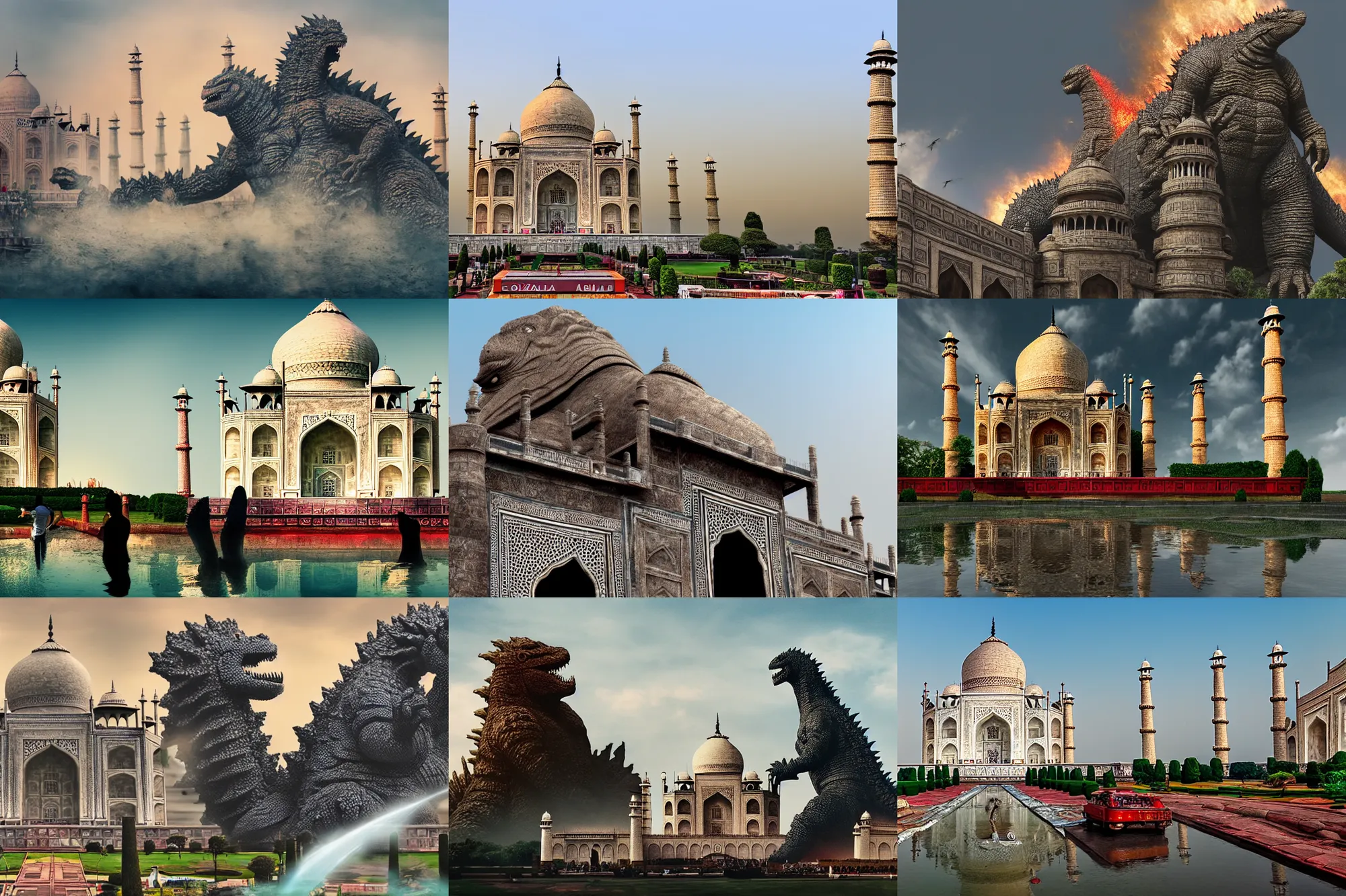 Prompt: wide angle view, godzilla smashes taj mahal india, photorealistic, insanely detailed, daylight, tele photo lens, 8 k