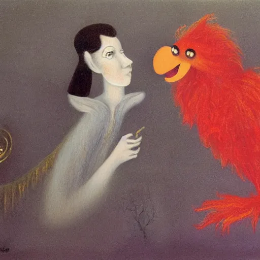 Image similar to by Remedios Varos, a portrait of Elmo from Sesame Street and his goldfish Dorothy, oil painting, traditional.