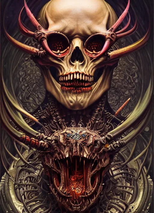Prompt: hyper detailed masterpiece demon skull evil tattoo warrior by donato giancola and tom bagshaw, face by artgerm and edmund leighton, and h. r. giger, trending on artstation, colorful, psychedelic aesthetic, ornate, background by james jean, 8 k, biomechanical, majestic, volumetric lighting, porcelain skin, concept art, sharp focus