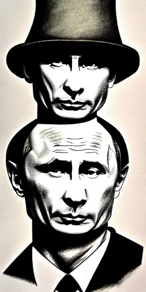 Image similar to vladimir putin wearing a nuclear blast for a hat, cartoonish, ultra detailed pencil drawing