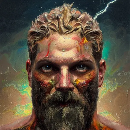 Prompt: portrait of zeus starring into the camera, fixed eyes, lightning environment, melted paint, melting, surreal, dramatic lighting, face, detailed, intricate, elegant, highly detailed, digital painting, artstation,, concept art, smooth, sharp focus, illustration, art by sam spratt, dan mumford, artem demura and alphonse mucha