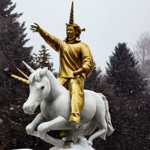 Image similar to of a statue of god riding a unicorn while wearing a jacket on a snowy day