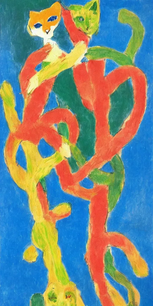 Prompt: A detailed expressionist painting of two intertwined cats, in the style of Matisse and