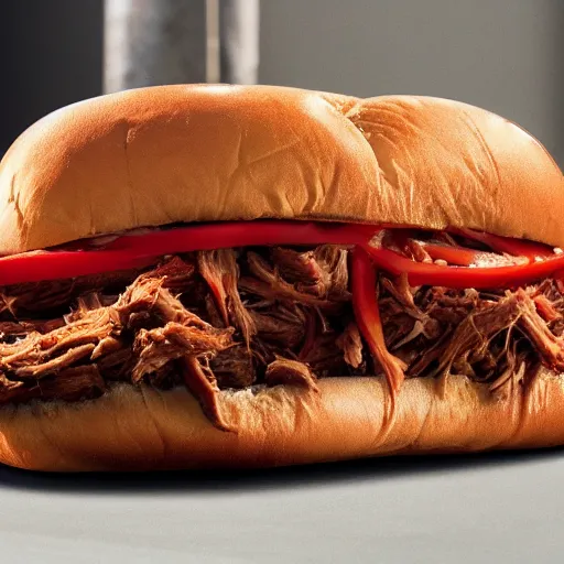 Prompt: a raging pulled pork sandwich with eyes and shark teeth biting a human hand, close-up, highly detailed, hyper-realistic, unreal engine