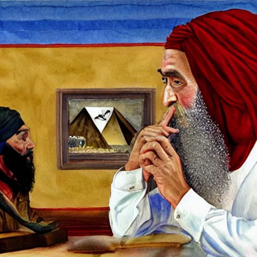 Image similar to George bush dressed as Osama bin laden painting a watercolor pyramid with an eye inside the triangle