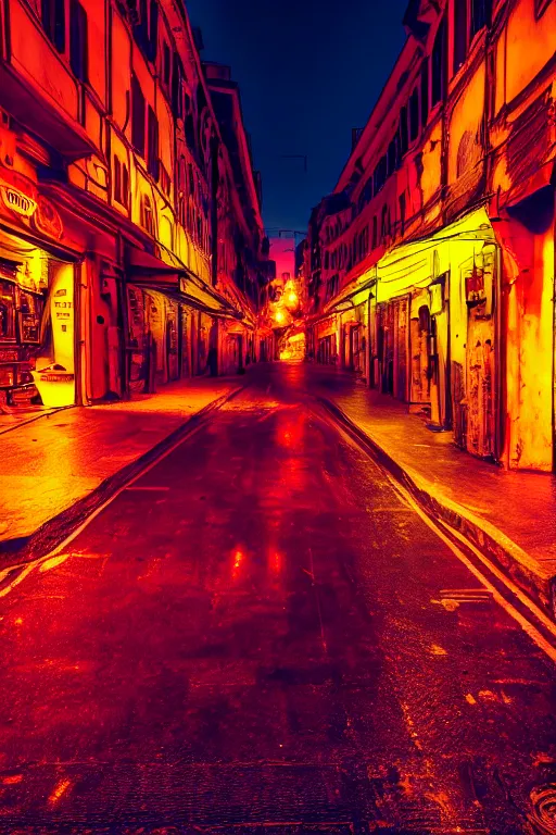 Prompt: neon streets of rome, 4 k, award winning photo, cyberpunk style