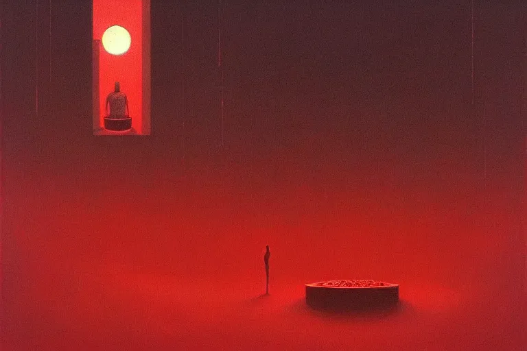 Image similar to only with red, red god of death eat apple, a futuristic city on mars in the background, red worms on the floor, in the style of beksinski, part by hopper, part by rodcenko, part by hofbauer, intricate composition, red by caravaggio, insanely quality, highly detailed, masterpiece, red light, artstation, 8 k