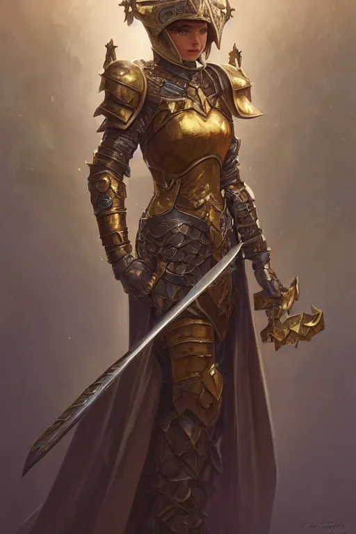 Prompt: beautiful girl knight, full body shot,, medieval armor, helmet, d & d, fantasy, intricate, elegant, golden trims, highly detailed, digital painting, artstation, concept art, matte, sharp focus, illustration, hearthstone, art by artgerm and greg rutkowski and alphonse mucha