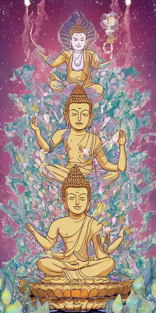 Image similar to buddha sitting on a throne of ice surrounded by lotus flowers drawn by studio trigger, in the style of Little Witch Academia, spiritual enlightenment, tarot card, Tarot card the Hierophant,