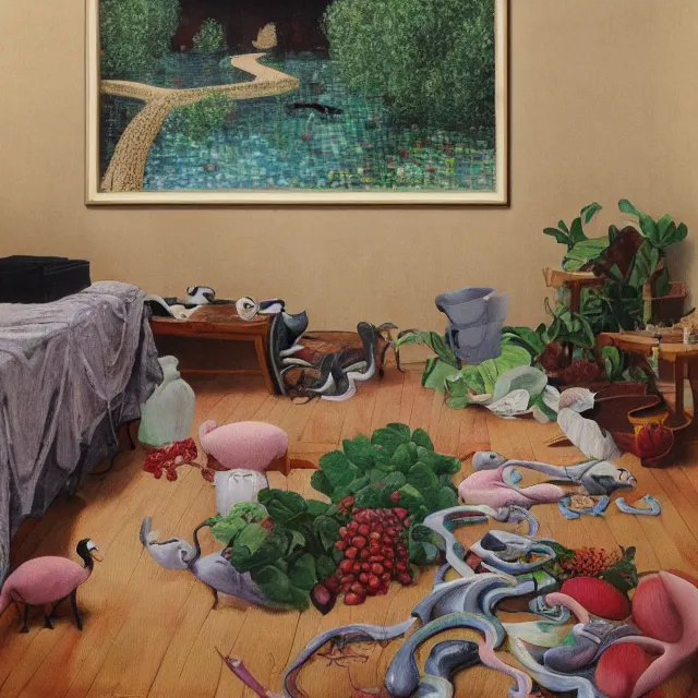 Image similar to painting of flood waters inside an artist's feminine bedroom, female emo art student, a river flooding indoors, pomegranates, pigs, ikebana, water, octopus, river, rapids, waterfall, black swans, canoe, berries, acrylic on canvas, surrealist, by magritte and monet