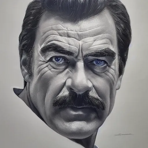 Image similar to ultra realistic head and shoulders portrait painting of tom selleck as cal kestis in star wars jedi fallen order, art by frank frazetta, 4 k, ultra realistic, highly detailed, epic lighting