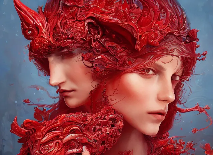 Prompt: woman in love sit upon a scarlet coloured beast, pain, light effect, hyper detailed, intricate, elegant, highly detailed, digital painting, artstation, concept art, matte, sharp focus, illustration, by james jean, andrei riabovitchev, marc simonetti, yoshitaka amano