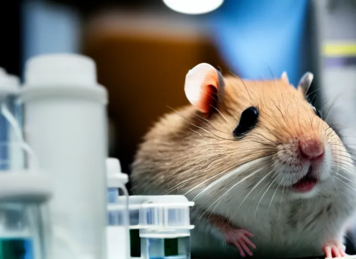 Image similar to film still of a hamster working in a research lab finding the cure for cancer, 8 k