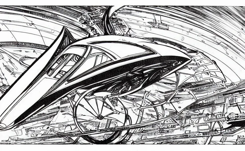 Prompt: A black and white sketch of a spaceship. sleek angular space cruiser. extremely coherent retro ship design. wires and mechanical parts. intricate detail. moebius. comic book ship design, spaceship. science fiction art.