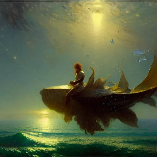 Image similar to point of view of deep in the ocean looking up, you see fishes, the milk way, night time, midnight, no sunlight. highly detailed painting by gaston bussiere, greg rutkowski 8 k