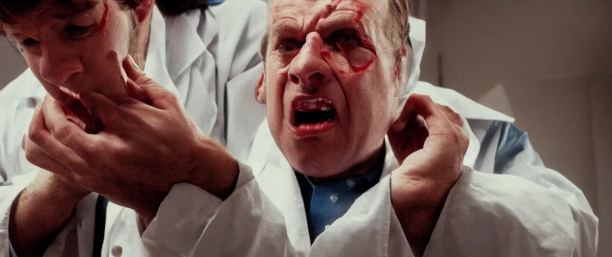 Image similar to filmic dutch angle movie still 4k UHD 35mm film color photograph of a screaming horrified doctor looking down at his wrist, his hand has been completely mangled