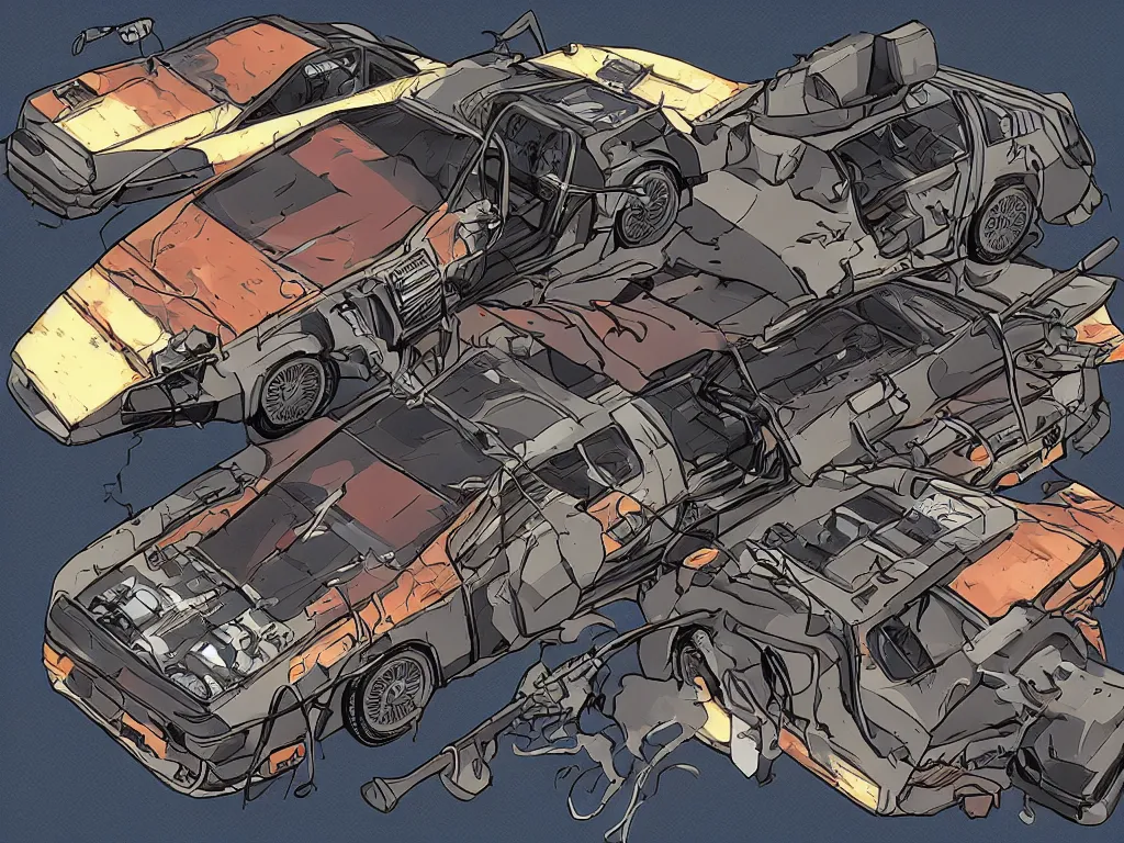 Image similar to a rusty delorean in the style of madd maxx with attached weapons