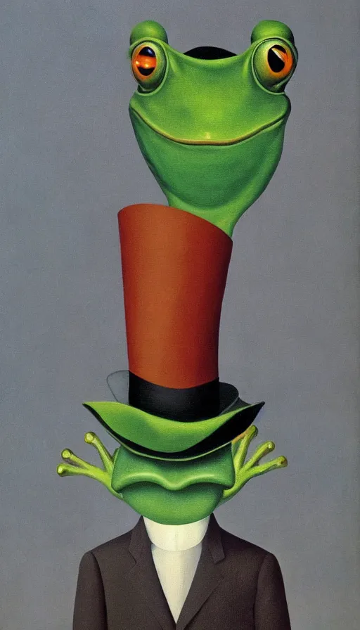 Prompt: frog wearing 🎩 by René Magritte, detailed, 4k