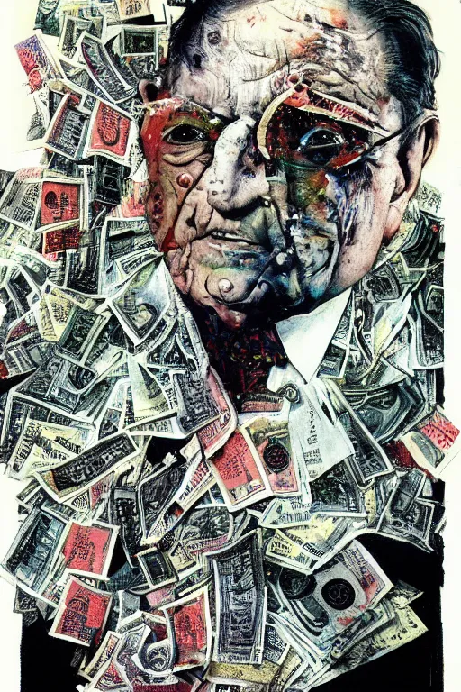 Image similar to George Soros full body shot, dollar bills Body horror, biopunk, by Ralph Steadman, Francis Bacon, Hunter S Thompson