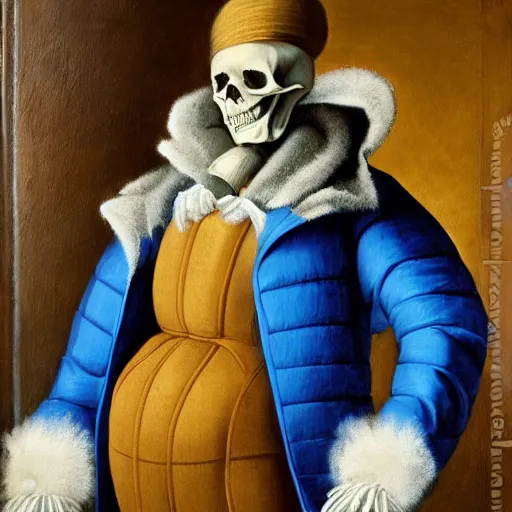 Prompt: skeleton wearing blue puffy jacket, classic painting