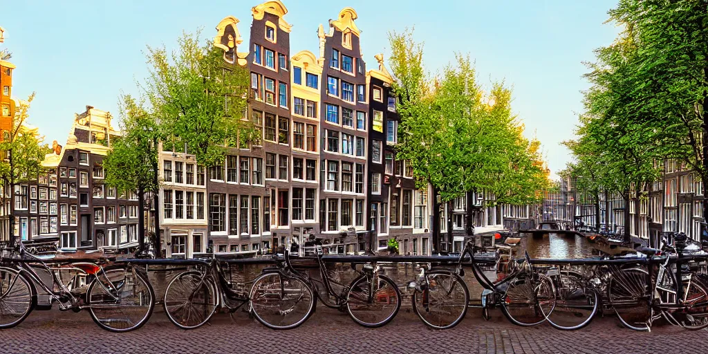 Prompt: amsterdam, summer warm light, street view, hyperrealistic, realistic, photorealistic, dynamic lighting